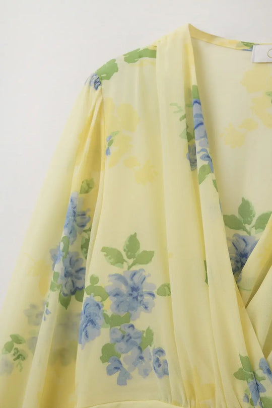 Butter yellow spring mini dress with ruched design - Dresses