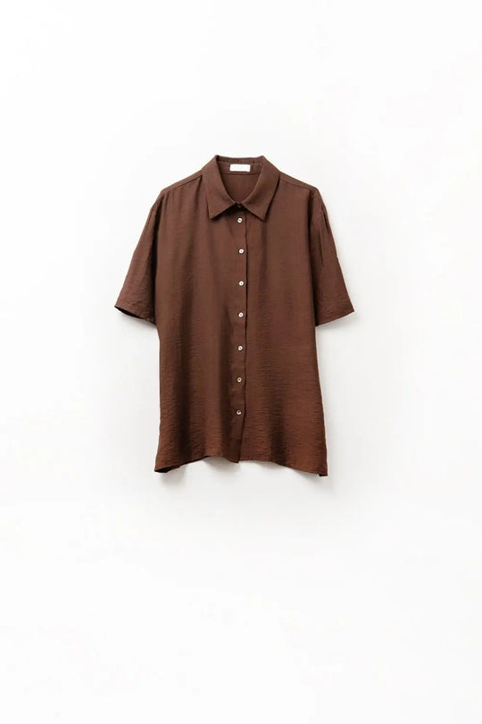 Chocolate Brown shirt with short sleeves and pleat on the sleeve - Shirts