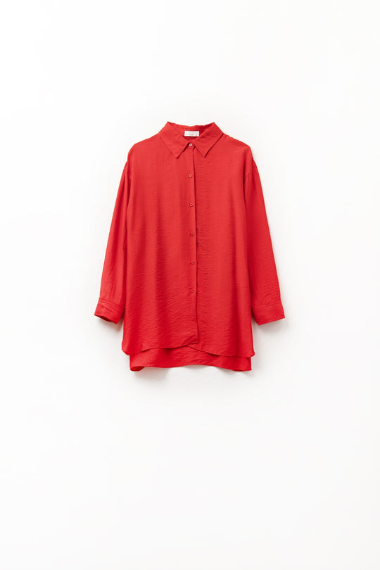 relaxed fit Red Shirt 3/4 Sleeves and High Low Hem