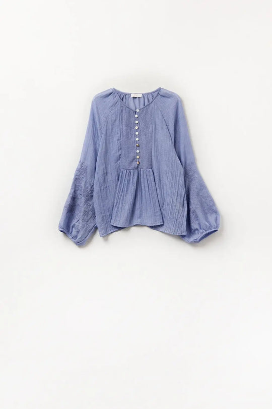 Blue chiffon blouse with embroidery on the sleeves - Shirts