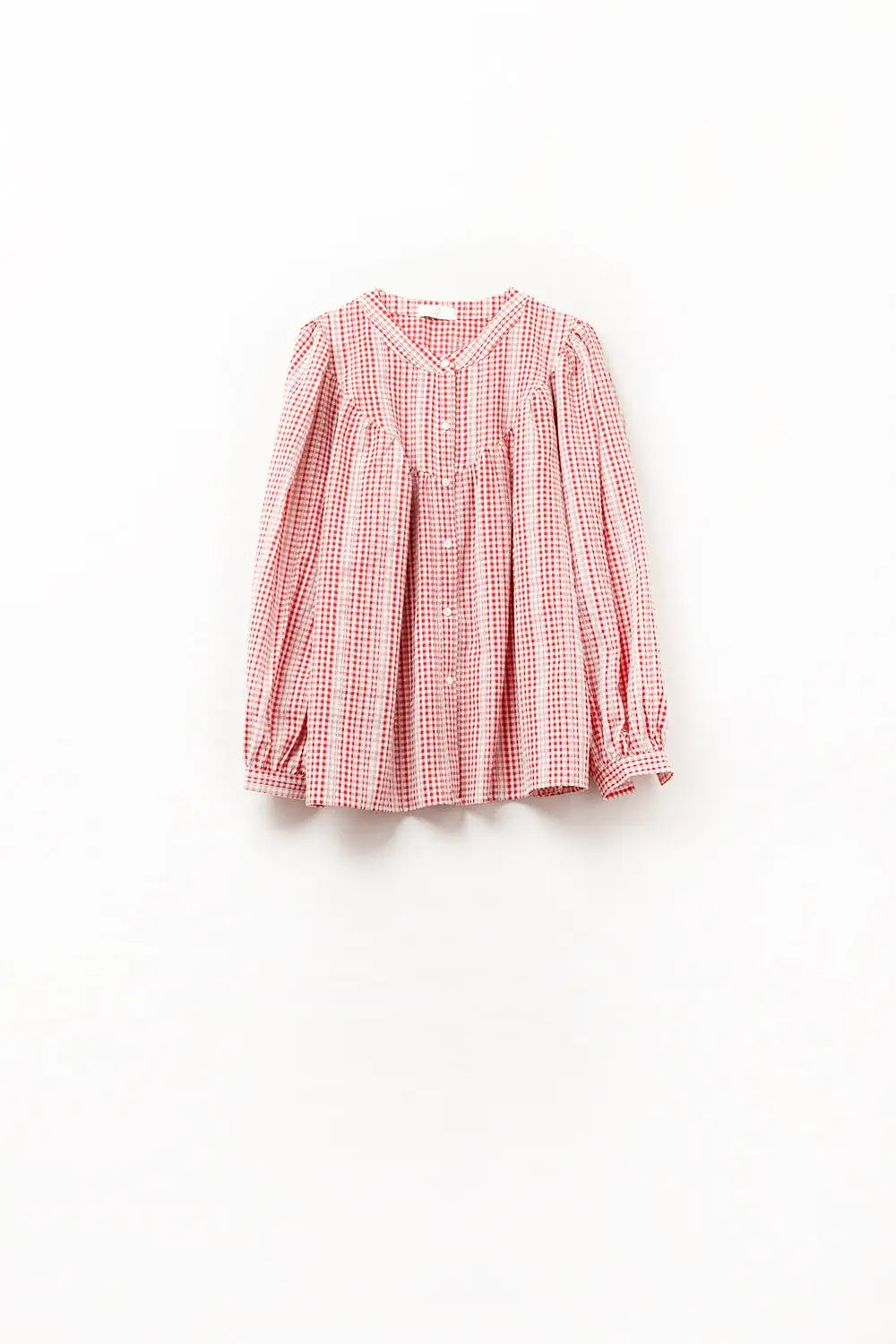 Gingham Red and White Collarless Blouse With Wide Sleeves - Shirts