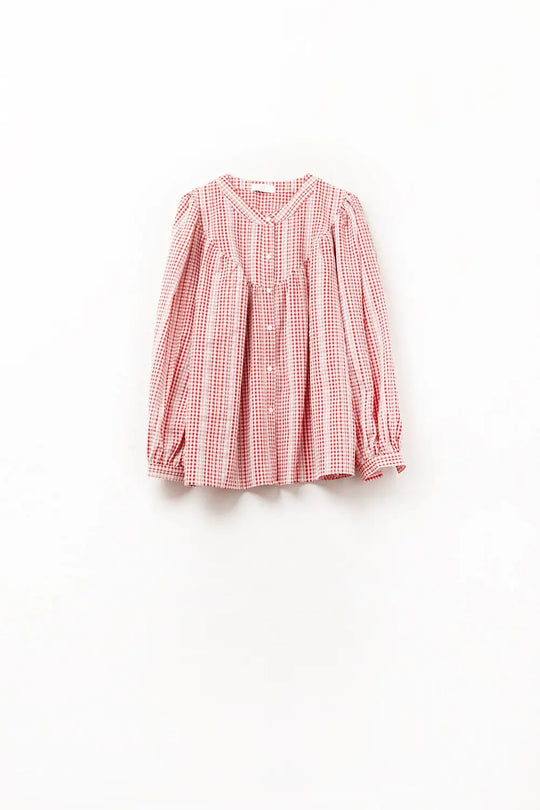 Gingham Red and White Collarless Blouse With Wide Sleeves - Shirts