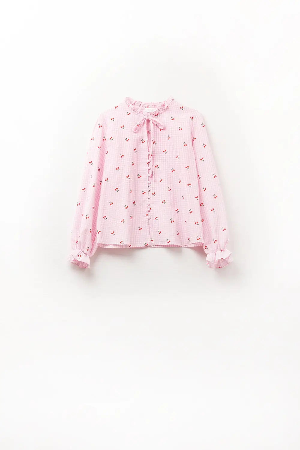 Pink Blouse with Cherry Details and Tied Bow - Shirts