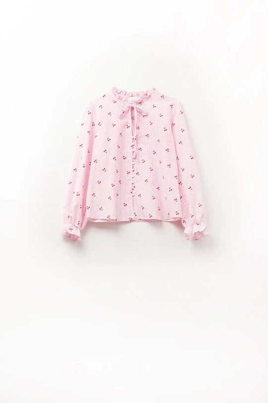 Pink Blouse with Cherry Details and Tied Bow - Shirts