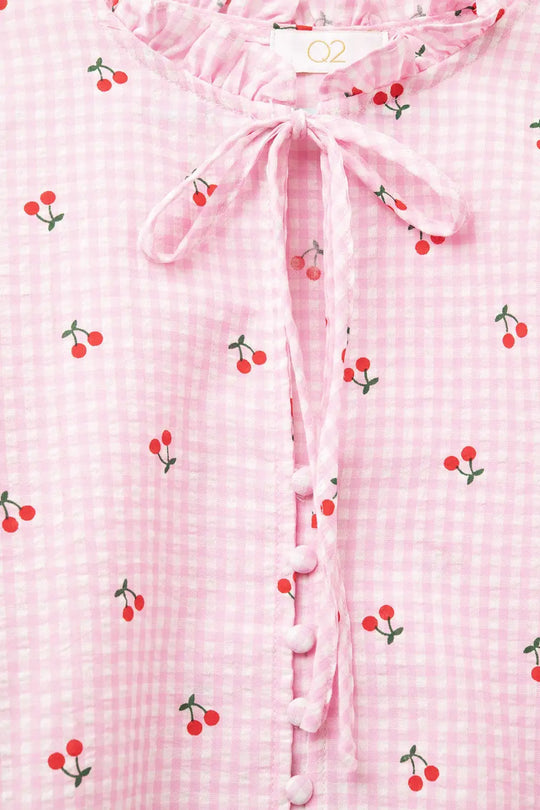 Pink Blouse with Cherry Details and Tied Bow - Shirts
