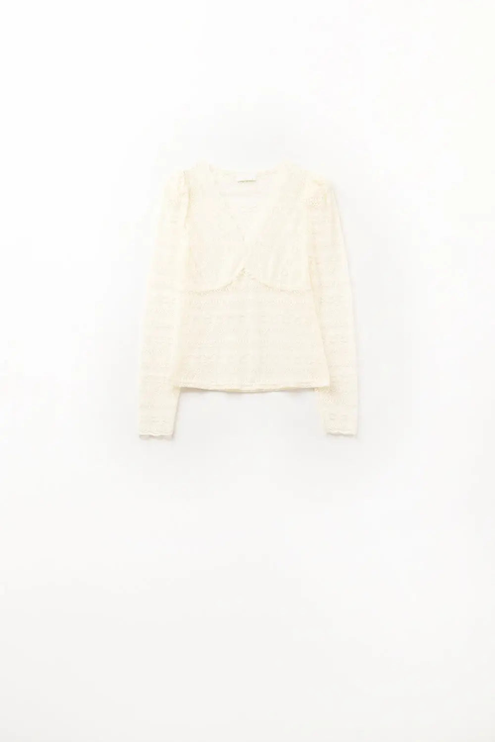 Romantic V-neck Lace Top With Long Sleeves in beige - Tops