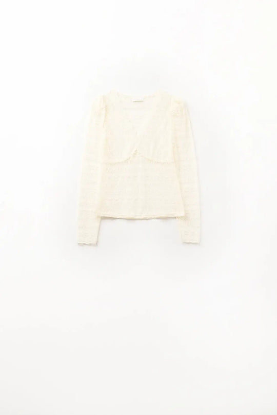 Romantic V-neck Lace Top With Long Sleeves in beige - Tops