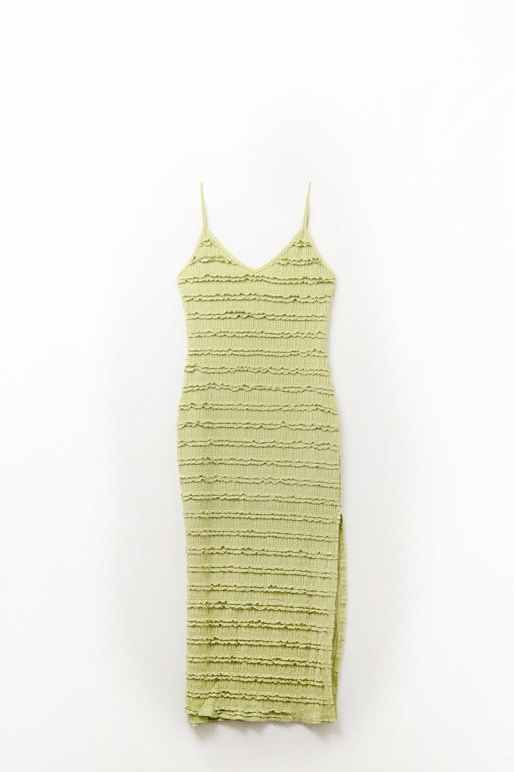 Ruffle Maxi Dress With Slit in Green color
