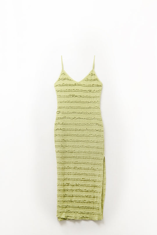 Ruffle Maxi Dress With Slit in Green color