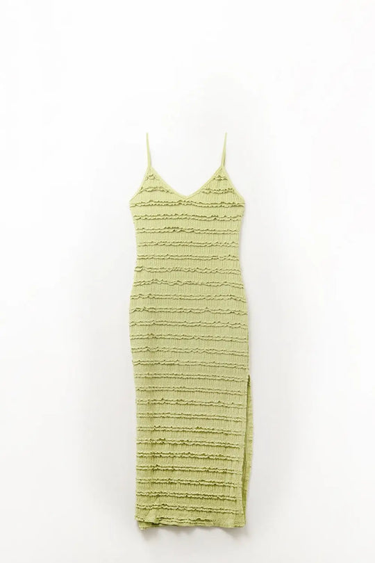 Ruffle Maxi Dress With Slit in Green color - Dresses