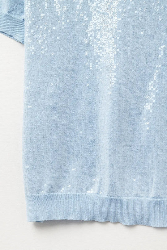 Baby Blue Sequin Sweater with Crew Neck - BLUE / ONE - Sweaters