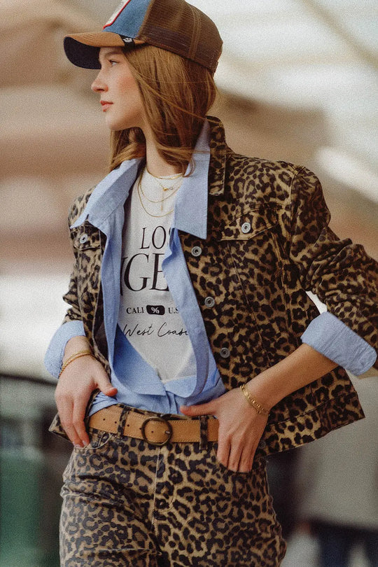 Brown Jacket with leopard Print in denim fabric - Jackets