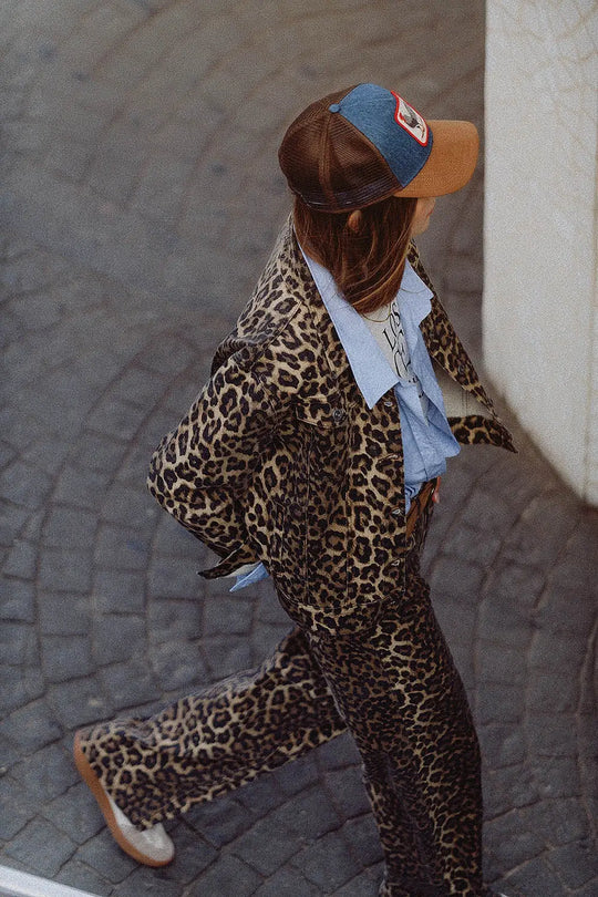 Brown Jacket with leopard Print in denim fabric - Jackets