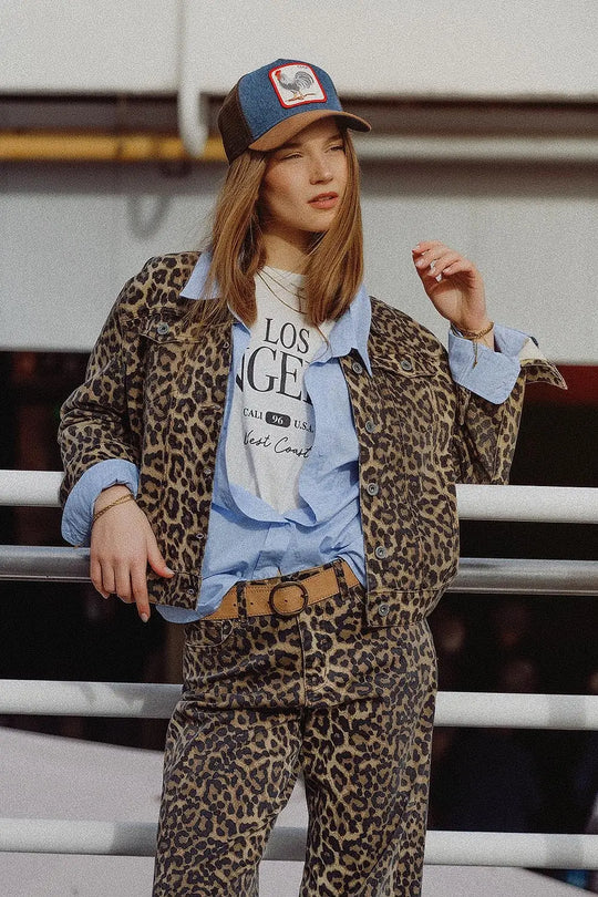 Brown Jacket with leopard Print in denim fabric - Jackets
