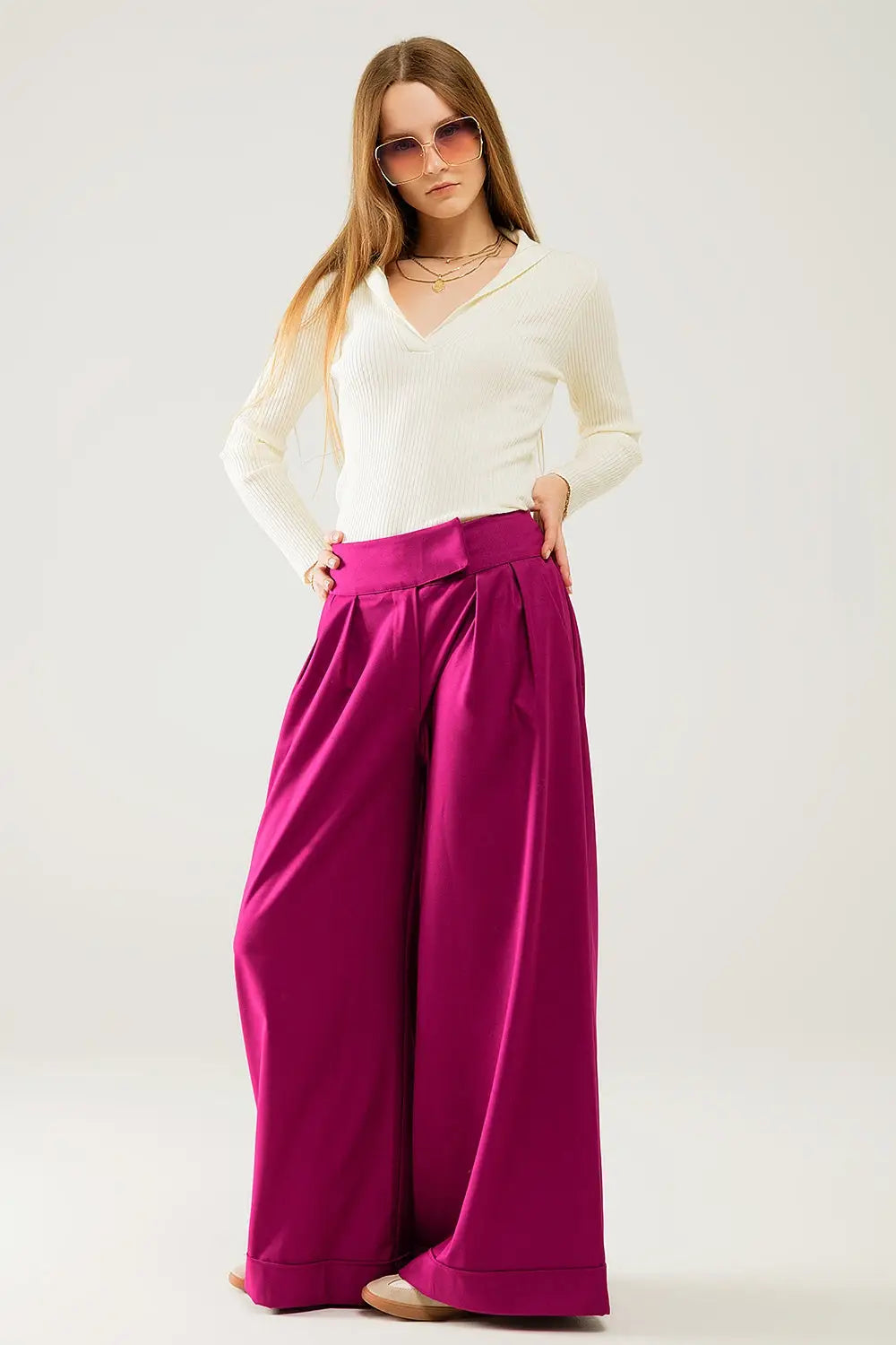 cream Collared Rib sweater With Long Sleeves - Sweaters