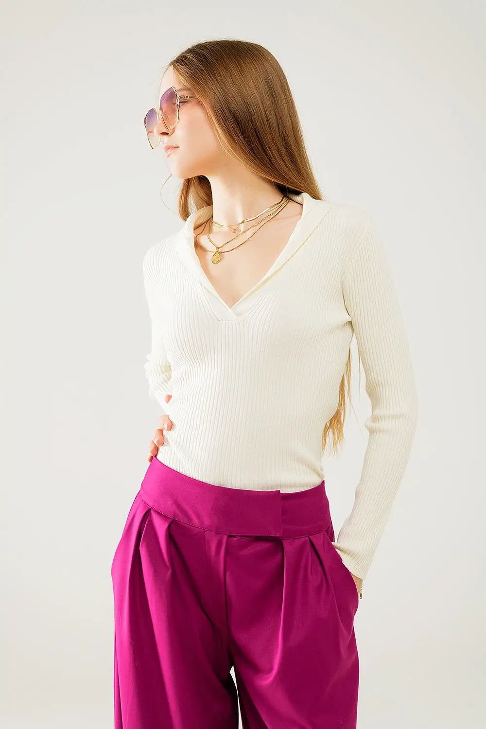 cream Collared Rib sweater With Long Sleeves - Sweaters