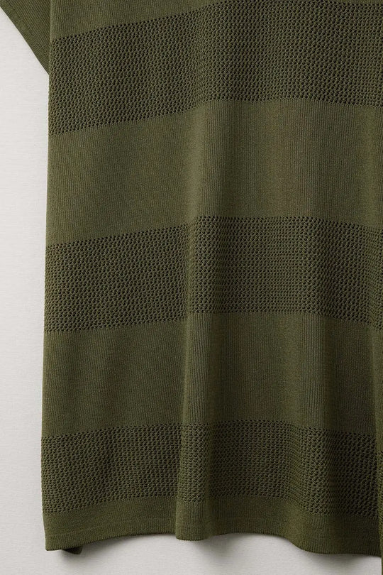 Khaki V-neck knit sweater with open stitch detail - KHAKI / ONE - Sweaters