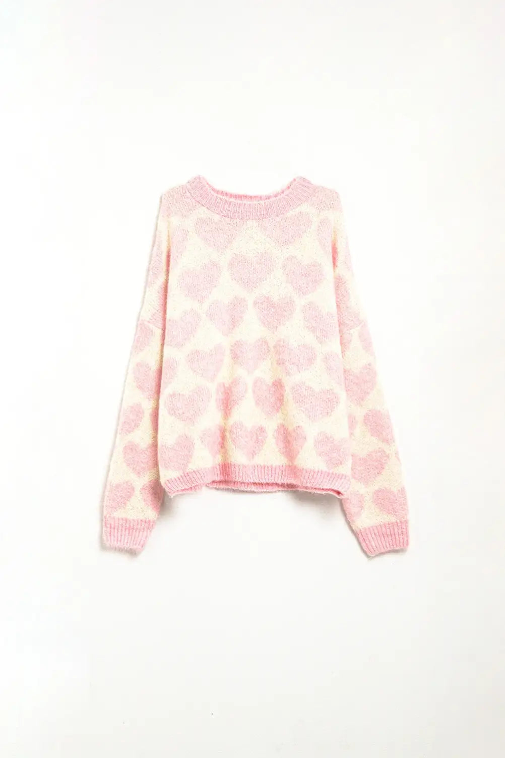 Super Soft Oversized Cream Sweater With Pink Hearts All Over - PINK / ONE - Sweaters