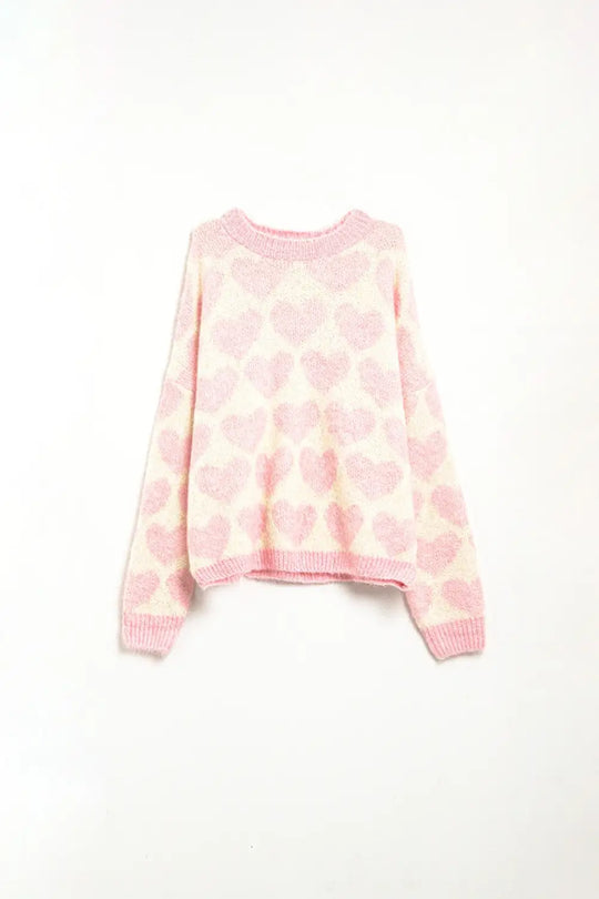 Super Soft Oversized Cream Sweater With Pink Hearts All Over - PINK / ONE - Sweaters