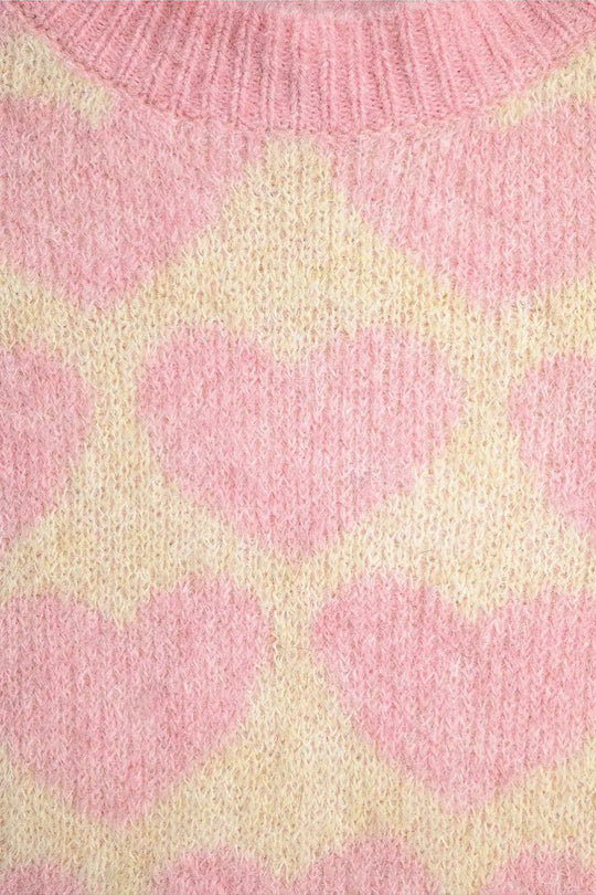 Super Soft Oversized Cream Sweater With Pink Hearts All Over - PINK / ONE - Sweaters