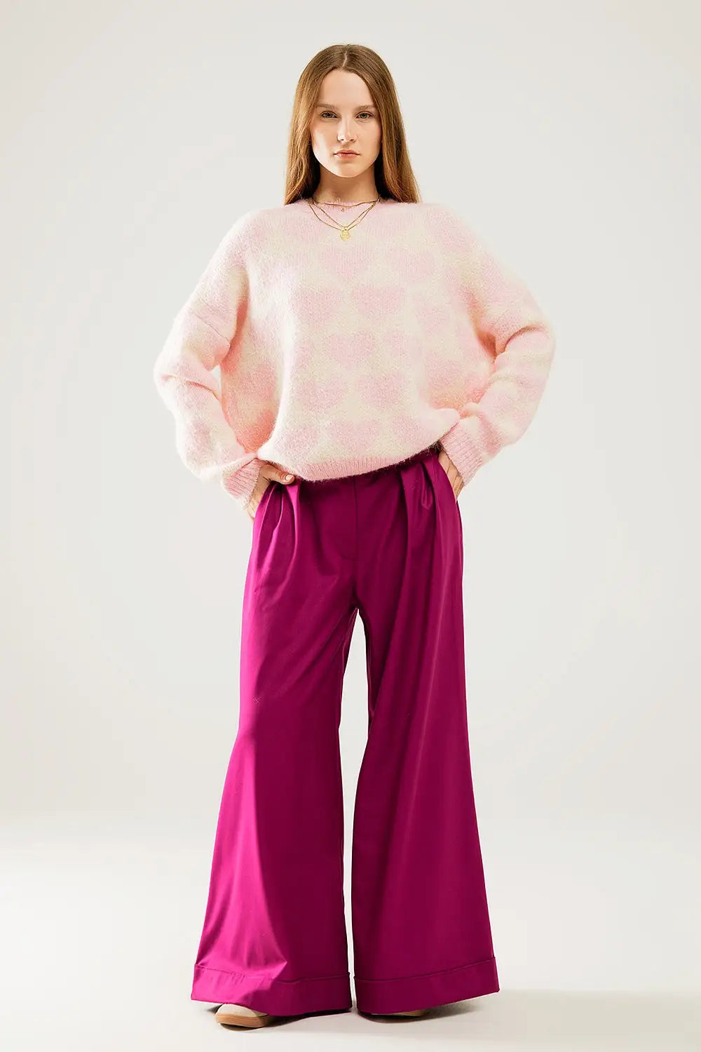 Super Soft Oversized Cream Sweater With Pink Hearts All Over - PINK / ONE - Sweaters