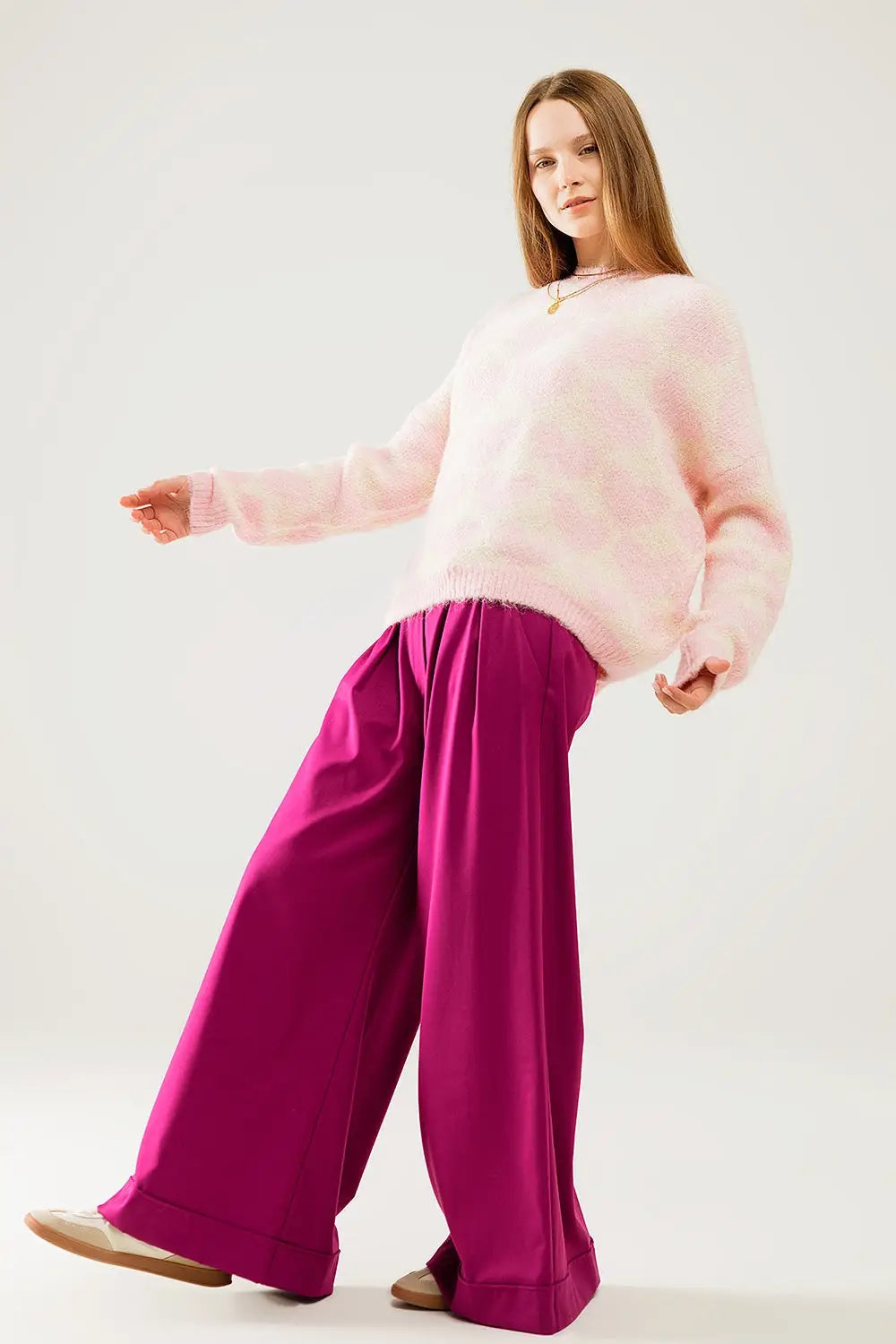 Super Soft Oversized Cream Sweater With Pink Hearts All Over - PINK / ONE - Sweaters