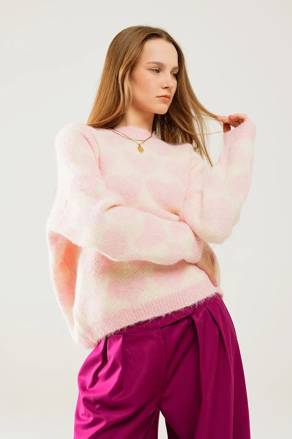 Super Soft Oversized Cream Sweater With Pink Hearts All Over - PINK / ONE - Sweaters
