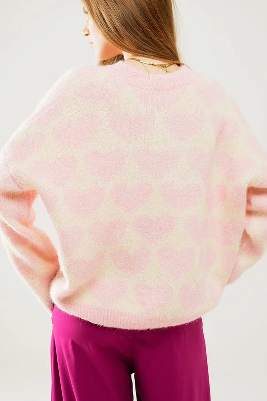 Super Soft Oversized Cream Sweater With Pink Hearts All Over - PINK / ONE - Sweaters