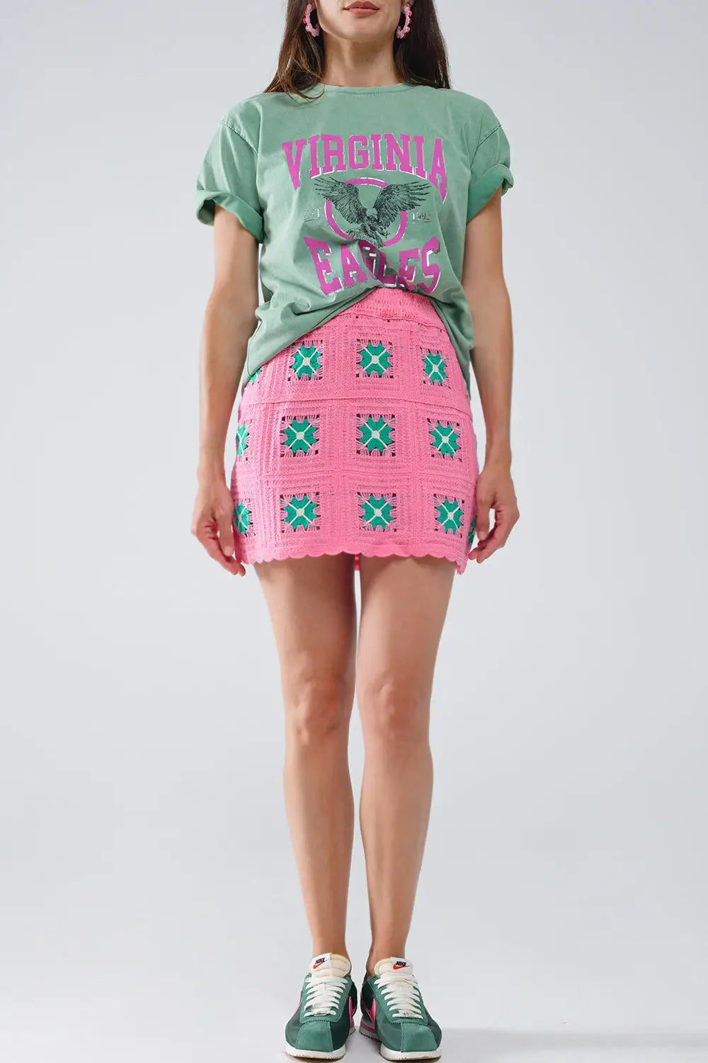 Crochet Mini Skirt in Pink With Turquoise Flowers - Skirts