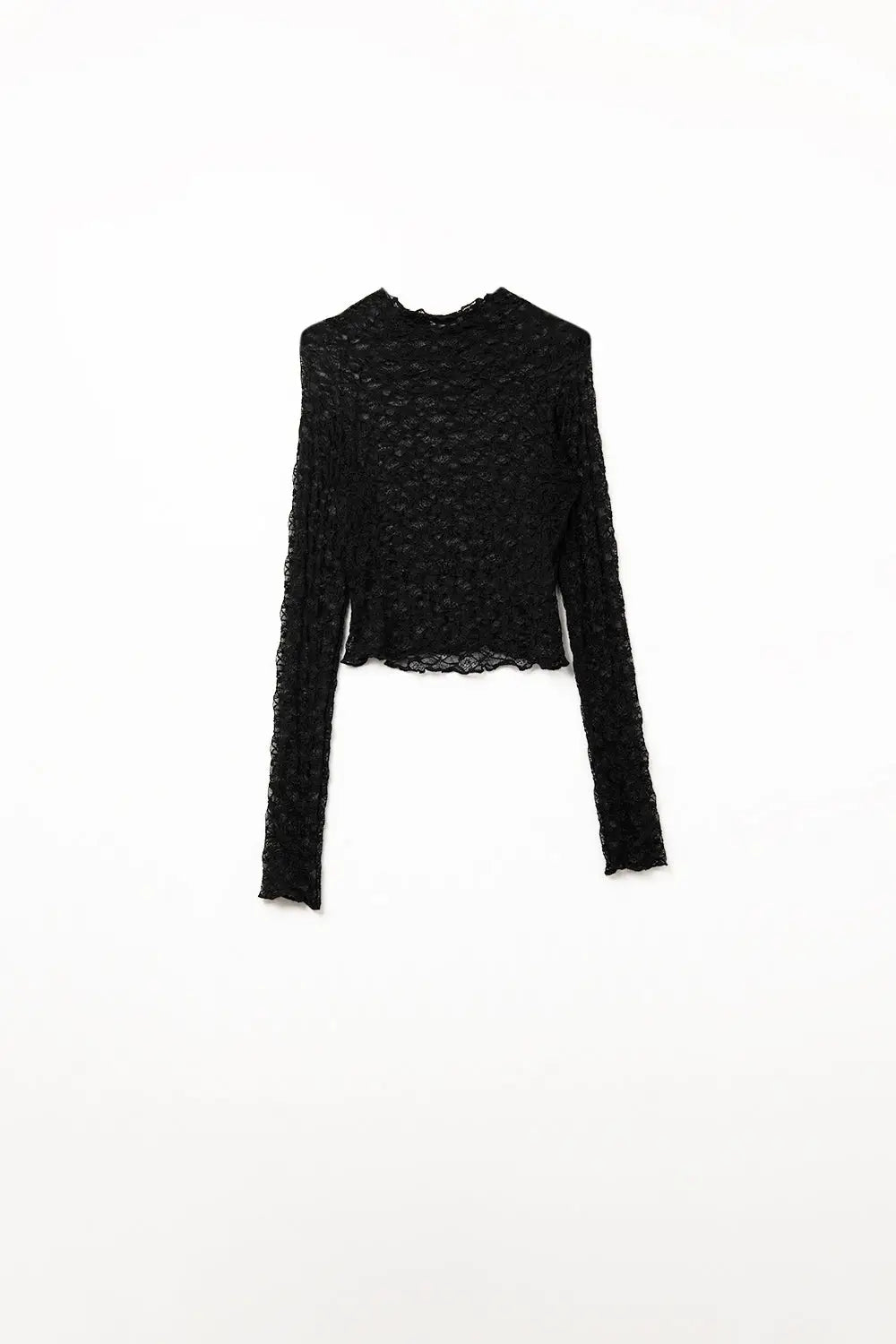 Black Cropped lace t-shirt with Long Sleeves - Tops