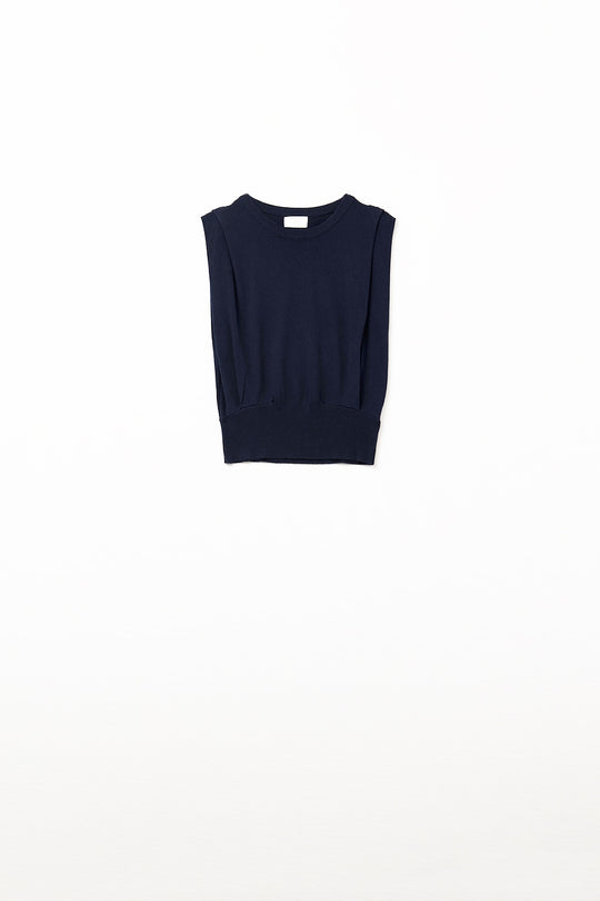 Sleeveless Knited Top With Shoulder Drape in Navy