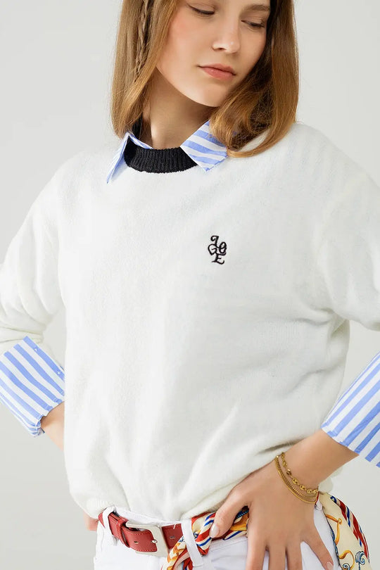 White sweater with contrasting collar and love logo on chest - Sweaters