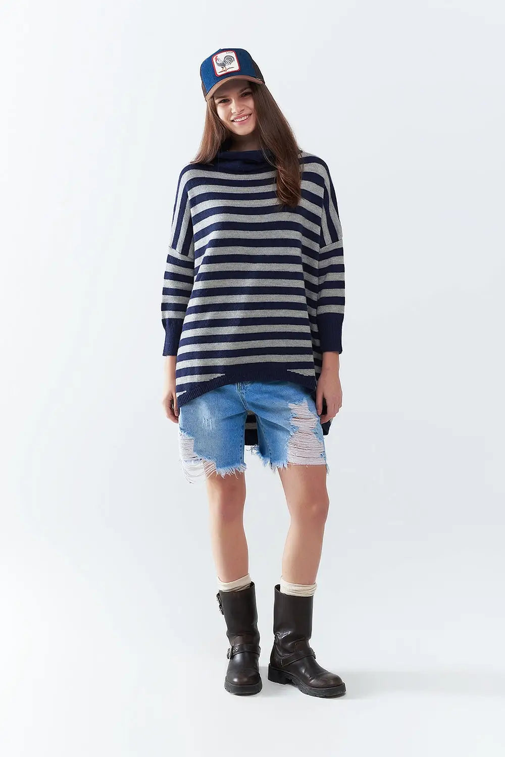 High Neck Oversized Sweater With Bat Wings and Stripes in navy and grey - NAVY / ONE - Sweaters