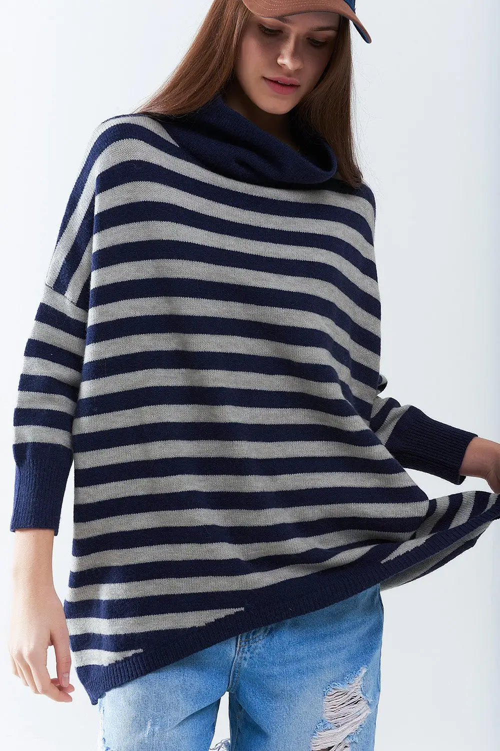High Neck Oversized Sweater With Bat Wings and Stripes in navy and grey - NAVY / ONE - Sweaters