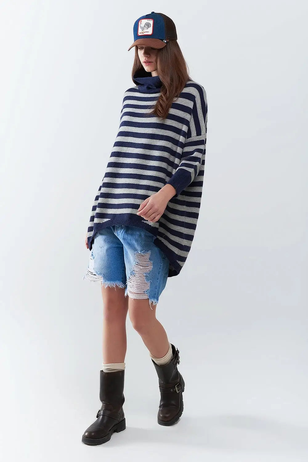 High Neck Oversized Sweater With Bat Wings and Stripes in navy and grey - NAVY / ONE - Sweaters