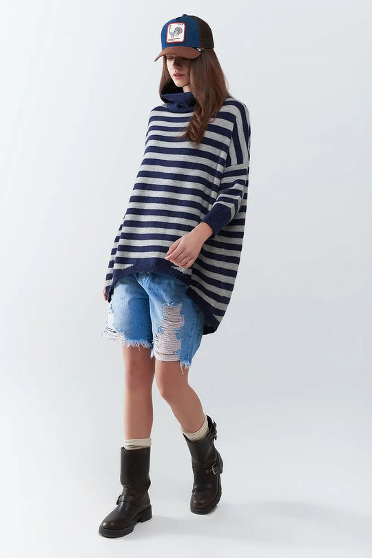 High Neck Oversized Sweater With Bat Wings and Stripes in navy and grey - NAVY / ONE - Sweaters