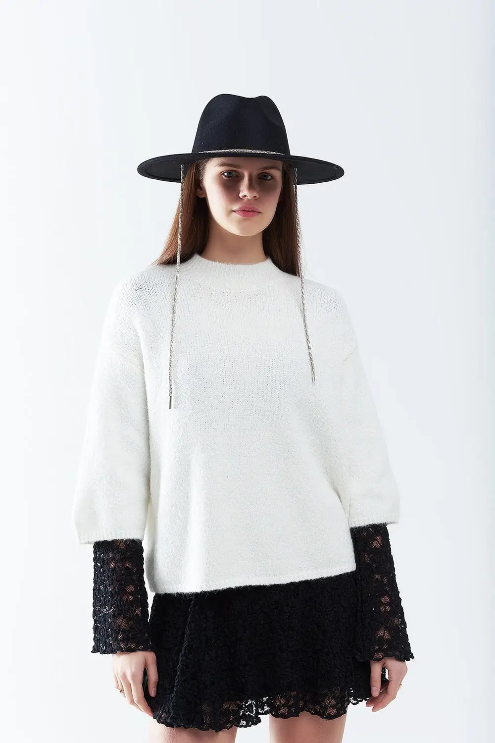 cream Fluffy sweater with three-quarter sleeves and round neck - Sweaters
