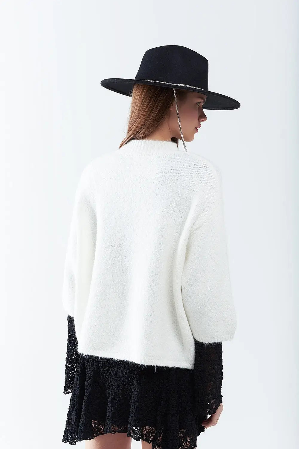 cream Fluffy sweater with three-quarter sleeves and round neck - Sweaters