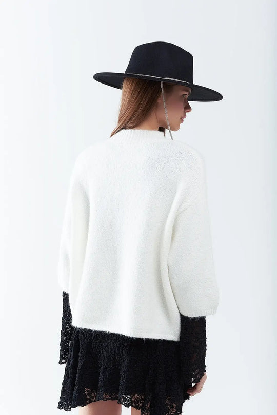 cream Fluffy sweater with three-quarter sleeves and round neck - Sweaters