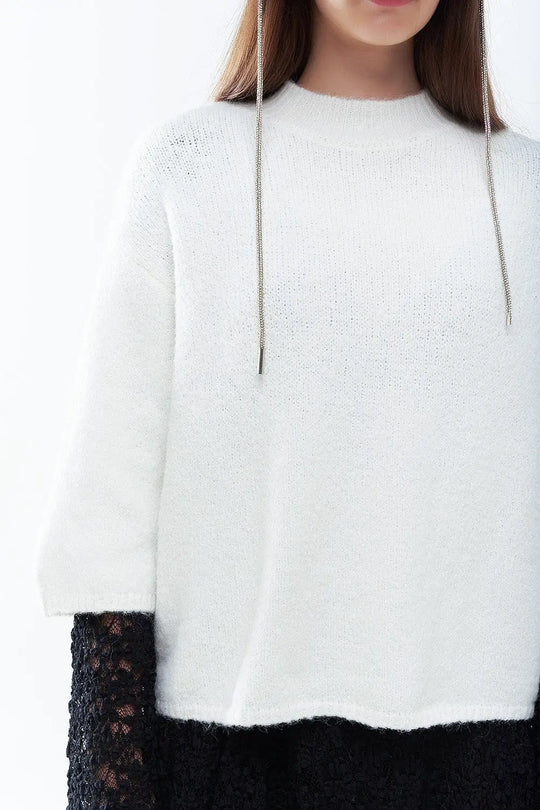 cream Fluffy sweater with three-quarter sleeves and round neck - Sweaters