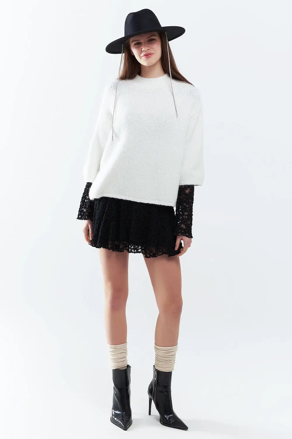 cream Fluffy sweater with three-quarter sleeves and round neck - Sweaters