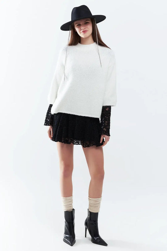 cream Fluffy sweater with three-quarter sleeves and round neck - Sweaters