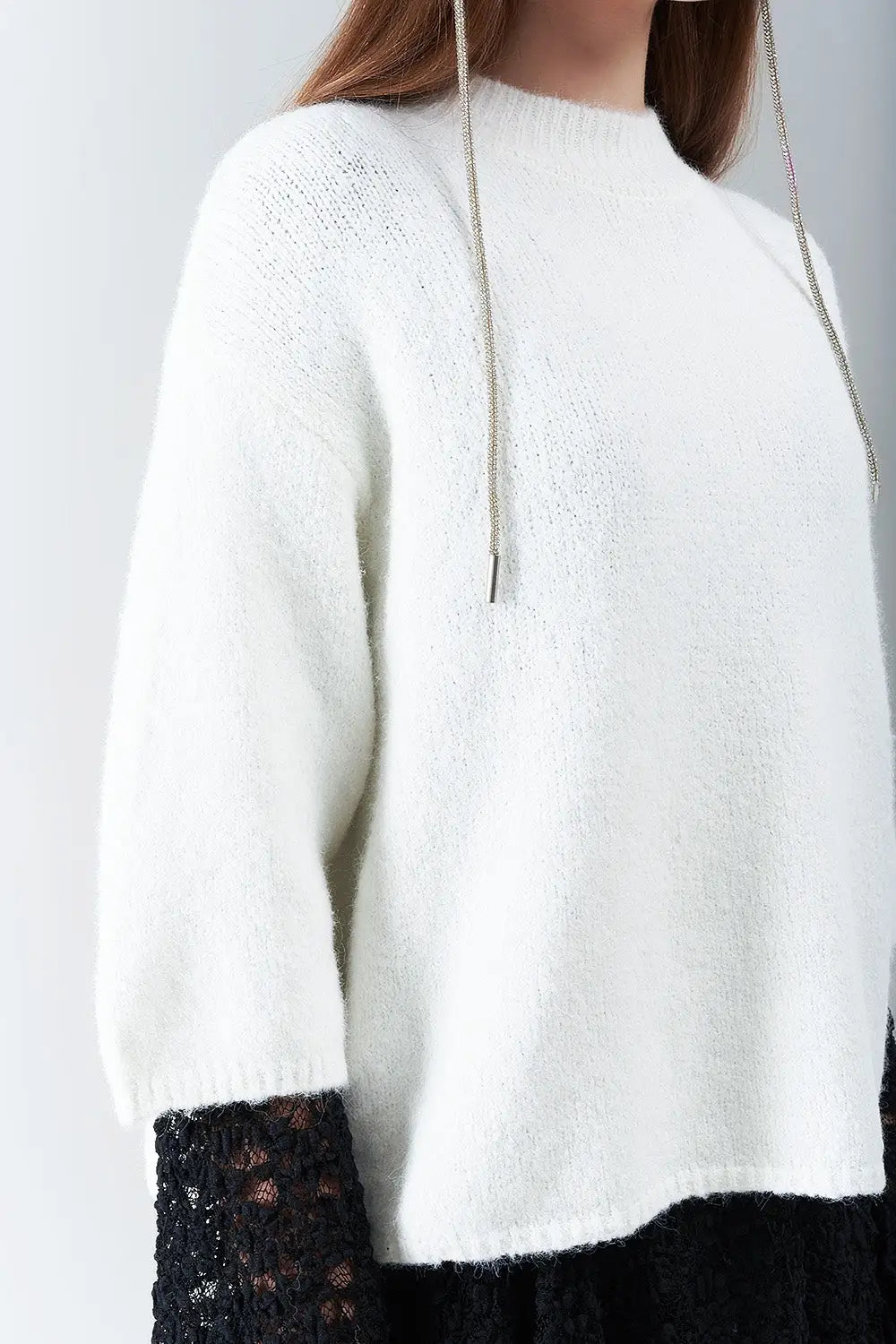 cream Fluffy sweater with three-quarter sleeves and round neck - Sweaters