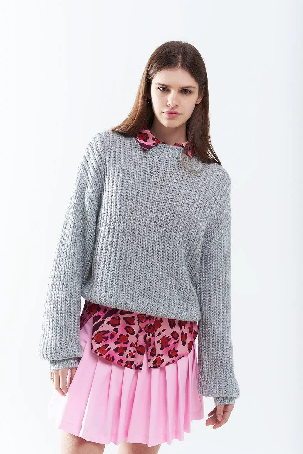 Light grey chunky knit sweater with balloon sleeves - GRAY / ONE - Sweaters