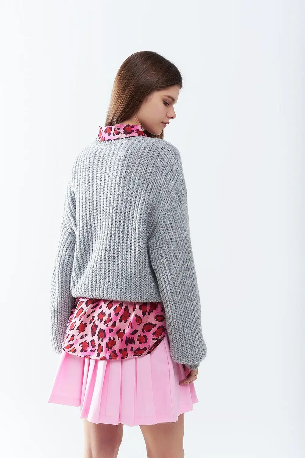 Light grey chunky knit sweater with balloon sleeves - GRAY / ONE - Sweaters