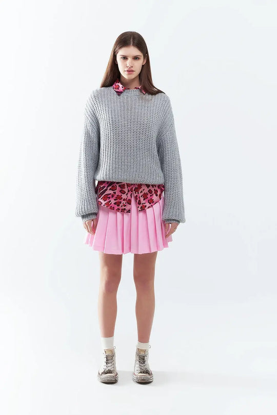Light grey chunky knit sweater with balloon sleeves - GRAY / ONE - Sweaters