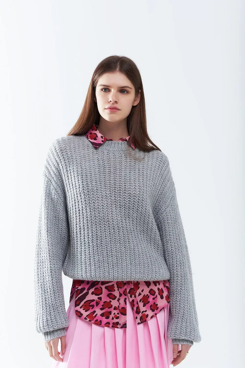 Light grey chunky knit sweater with balloon sleeves - GRAY / ONE - Sweaters