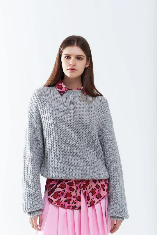 Light grey chunky knit sweater with balloon sleeves - GRAY / ONE - Sweaters