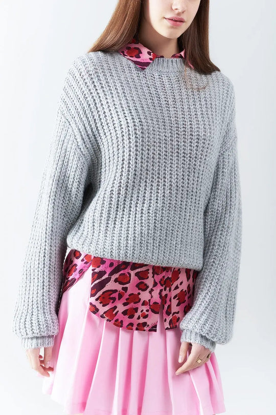 Light grey chunky knit sweater with balloon sleeves - GRAY / ONE - Sweaters