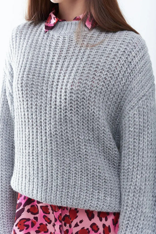 Light grey chunky knit sweater with balloon sleeves - GRAY / ONE - Sweaters